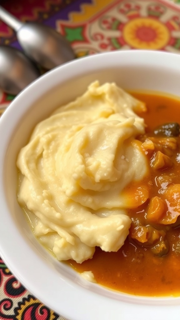 A bowl of mashed Fante Kenkey with Ghanaian soup, garnished with salt, on a colorful tablecloth.